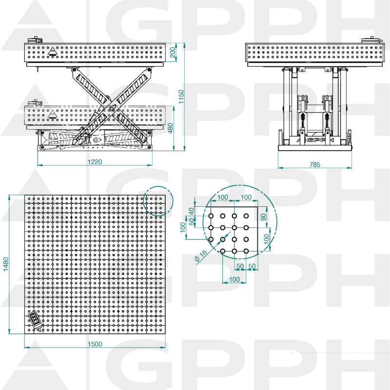Dibujo técnico Mesa XWT PRO 1500x1480 mm fi16 50x50